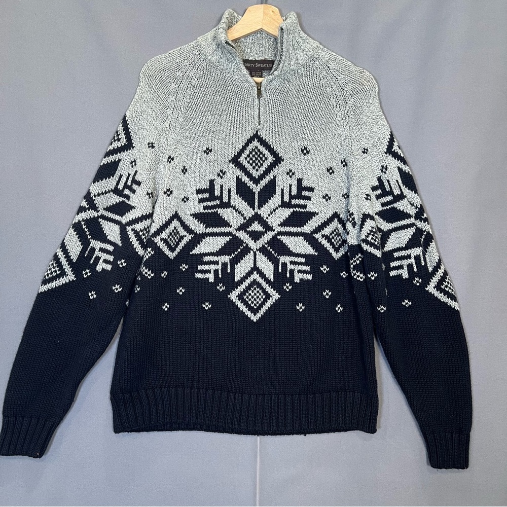 Liberty Mens L Black & Grey Snowflake Fair Isle 1/4 Zip Sweater 90s Grandpa